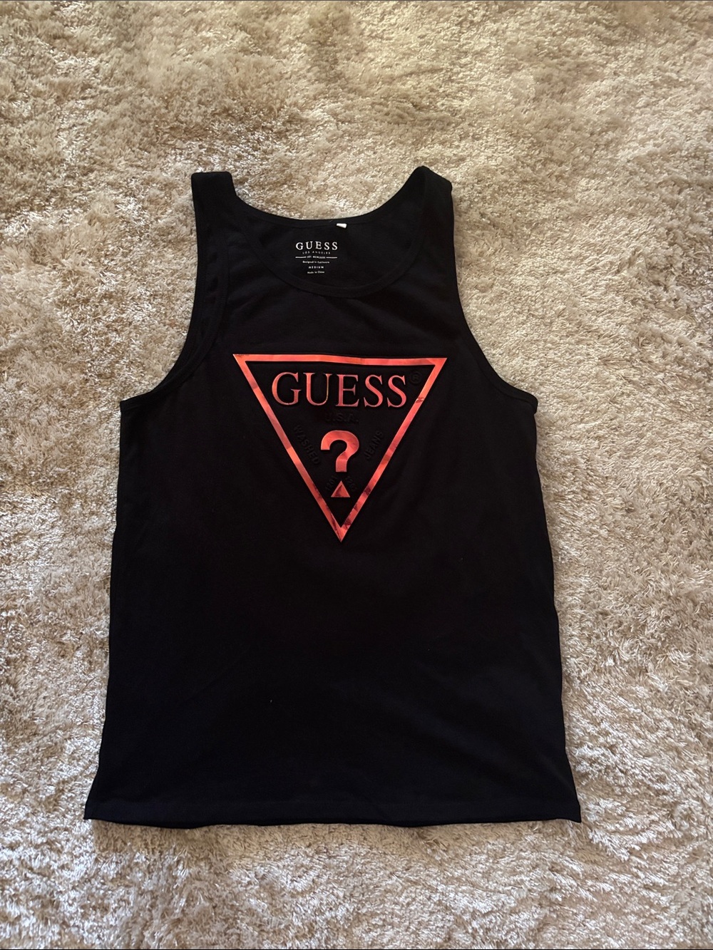 GUESS Black Tank Top with Red Triangle Logo